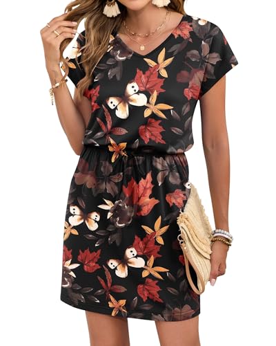 Image of AUSELILY Womens Summer Mini Dress, Short Sleeve V Neck Drawstring Casual | Soft smooth drape with an adjustable drawstring waist for beach, casual outings and daily wear