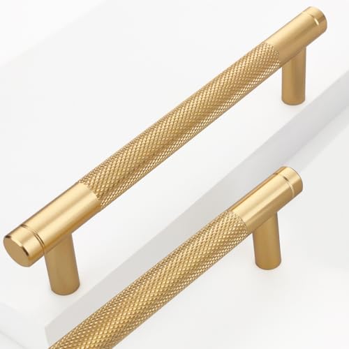 Guoharda 12 Pack 5 Inch 128 mm Gold Knurled Cabinet Handles Cabinet Pulls Aluminum Handles Pulls Oxidation Finish with Diamond Pattern 6" Length (5" Hole Center)