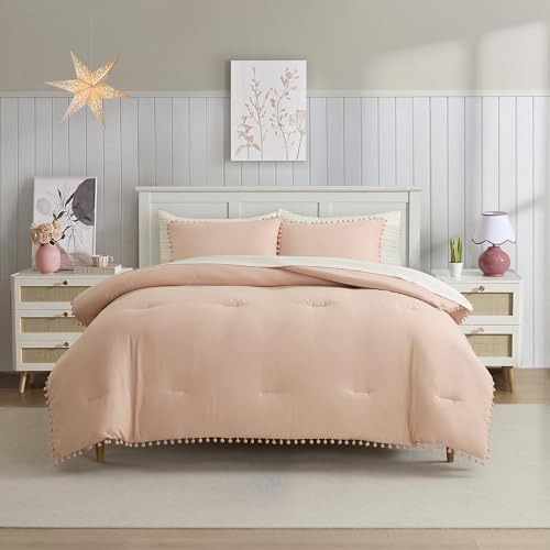 Image of Kids Comforter Set Full Size - Bed in a Bag with Sheets, Pillowcases & Shams - Soft Stylish Pom Pom Bedding - All Season Girls Bed Set