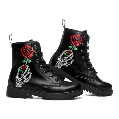 Image of Custom Black Combat Boots for Women Fashion Lace-Up Skull Rose Ankle Booties Chunky Heel Platform Leather Boots