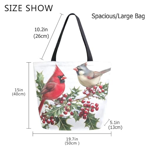 Holly Branch Cardinal Titmouse Birds Extra Large Canvas Gym Shoulder Tote,Durable Daily Reusable Top Handle Bag for Mens Womens Yoga Weekender Picnic Beach Travel Market Shopping3