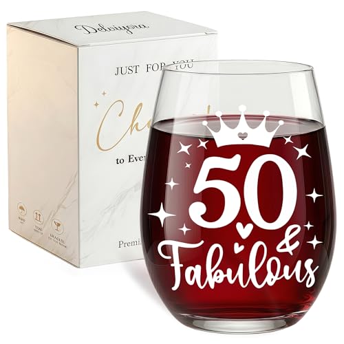 Delviyora 50th Birthday Wine Glass for Women, 50 & Fabulous Wine Glass, Funny 50th Birthday Gift for Her, Turning 50 Gift Idea for Mom Friend Sister Wife, Milestone Birthday Party Glass