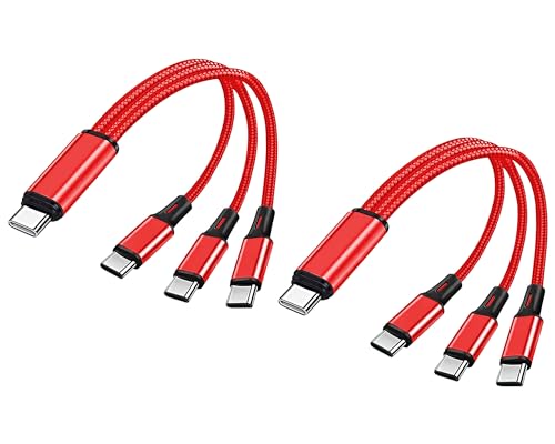 Multi USB C Cable 0.6FT 2Pack, 3 in 1 Multiple Type C Charging,3A Splitter USB-C Charging, Red Nylon Cord,USB C to 3 USB C Port, Compatible with iPhone 15,iPad Pro,Samsung S23,Google,Android,Kindle