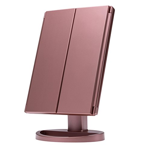 Shao Vanity Mirror for Makeup with 21 LED Lights, 3X /2X/1X Magnifying Trifold Mirror, Touch Screen Light up Control, Double Power Supply,180 ° Adjustable, Tabletop Cosmetic Lighted Mirror, Rose Gold