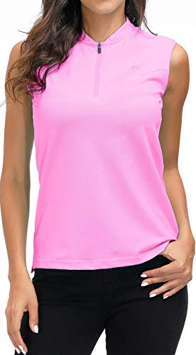 Golf Polo Shirts For Women Slim Fit Woman Sleeveless Sports Shirts Quick Dry Athletic Tank Tops For Tennis Work With Zipper Pink #TOP2
