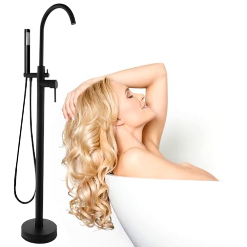 Grifo de pie independiente negro para bañera, monomando, ducha de mano de pie, montaje en suelo, para bañera, bañera independiente