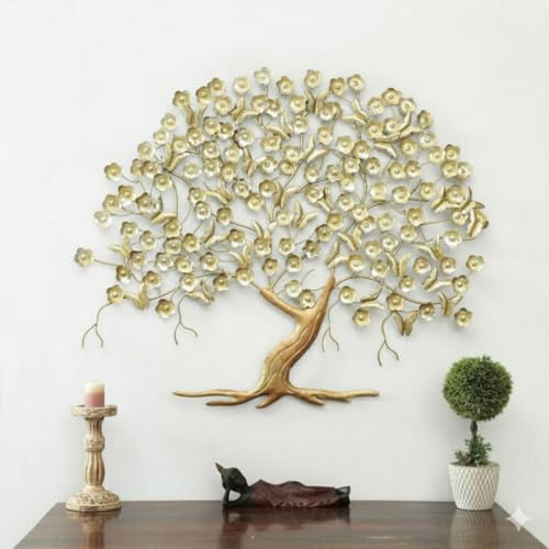 Image of Bharat Art Metal Iron Breeze Butterfly Tree Gold Wall Art | Decorative Metal Wall Sculpture for Home Living Room Bedroom Office Hotels Cafe | Multicolor (44 x 2 x 37 Inch) WD027 (A)