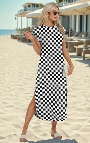 Image of HiMONE Beach Vacation Dresses for Women 2025 Sundress Cap Sleeves Casual Maxi Beach Dress with Pockets XS-2XL