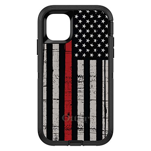 DistinctInk Case for iPhone 13 (6.1" Screen) - Replacement for OtterBox Defender Custom Black Case - Weathered Thin Red Line US Flag - Show Your Support for First Responders
