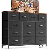 ODK Dresser with Charging Station, 57-Inch Long Dresser TV Stand for Bedroom, Large Dresser with 13 Storage Drawers, Chest of Drawers Easy-Pull Fabric Dressers for Living Room, Black and Vintage