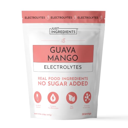 JUST INGREDIENTS Guava Mango Electrolytes - 30-Serving Hydration Drink Mix with Coconut Water Sea Salt & Trace Minerals - Supports Hydration & Recovery No Sugar Added