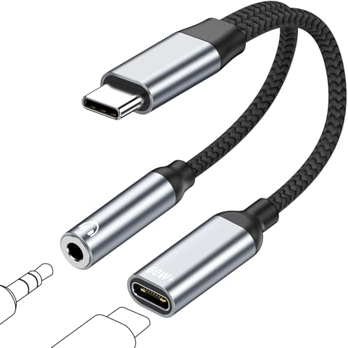 USB C auf Klinke Adapter und Laden, 2 in 1 Typ C auf 3.5mm Kopfhörer Adapter mit PD 60W Schnellladung, USB C zu Schnellladung Aux Audio für iPhone 17 16 15 Pro Max, für Samsung S25 S24 S22 S20, Google