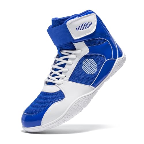 OUSUO Men's Wrestling Shoes Boxing Shoes Weightlifting Sneaker Boots High Top Sneakers for Fighters White&Blue 9