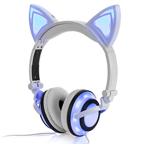Wired Cat Ear Headphones Glowing Lights with USB Charging Cable (White)