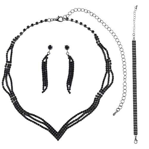 Mikovivi 3uds Juego Joyería Nupcial Strass Negro para Mujeres, Collar Boda Brillante Pendientes & Pulsera Accesorios Elegantes Compromiso Fiesta Graduación para Novia Damas Honor Regalos