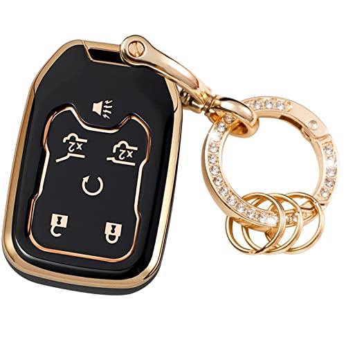 WSAuto Key Fob Cover Compatible with Chevy Chevrolet Suburban Tahoe GMC Terrain Yukon Yukon XL Smart 6 Buttons TPU Remote Keyless Key Fob Case Protection Shell Accessories Black with Metal Keychain