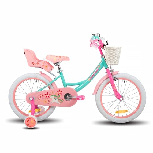 JOYSTAR Einhorn 18 Zoll Kinderfahrrad für 5-8 jährige Mädchen, 18 Zoll Kinderfahrrad mit Stabilisatoren & Kickstand,Grün…