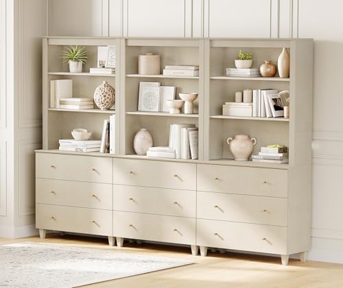 Image of WAMPAT 71 inch Tall Bookcases with 9 Drawers - 3 Column, Modern Beige Wood Bookshelves with Adjustable Shelves, 3-Tier Wide Wooden Display Bookshelf for Home Office, Living Room, Bedroom