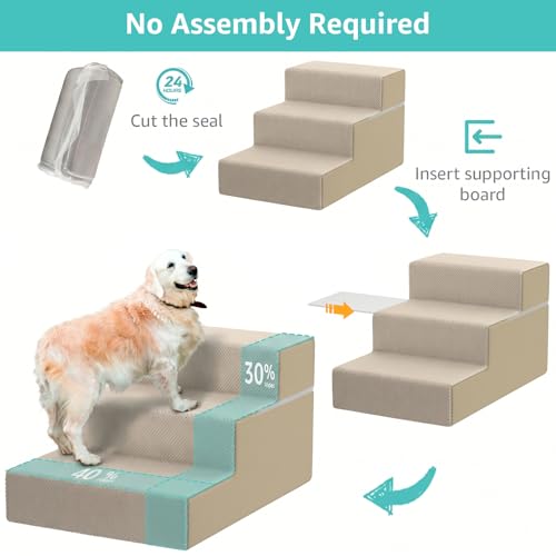 Image of YENING Large Dog Stairs for High Beds - Extra Wide Pet Steps for Large Dogs to Get on Tall Bed 3 Deep Step Cat Ramp for Couch Beige