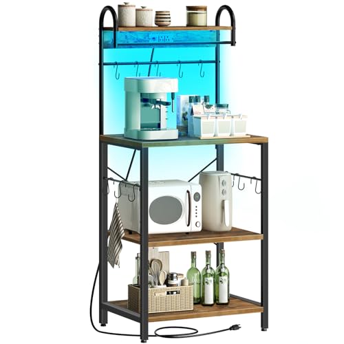 Bakers Rack with Power Outlets and Led Lights, 4-Tier Microwave Stand, Coffee Bar Station, Kitchen Storage Shelf, Kitchen Spice Rack with S-Shaped Hooks, for Pots and Pans, Rustic Brown HB20BR