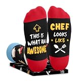 COOKING SOCKS: Strut around the kitchen with the bold "THIS IS WHAT AN AWESOME CHEF LOOKS LIKE" on the soles and fun chef hat, pot, and utensil patterns that serve up smiles with every step. DELUXE COMFORT: Treat busy feet to breathable, stretchy com...