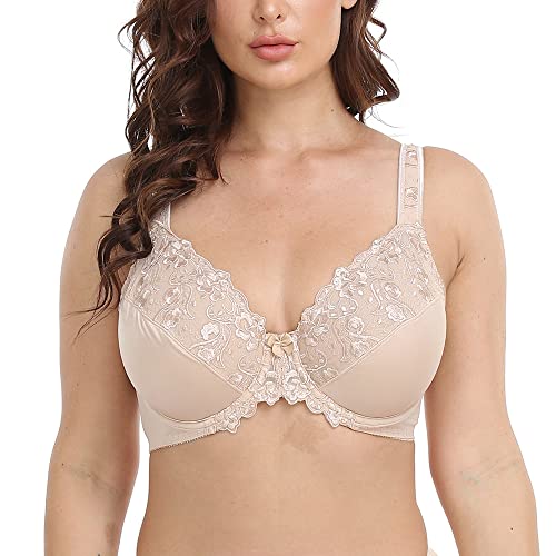 Ayigedu Women's Full Coverage Underwire Push Up Bra Floral Lace Plus Size Non Padded Comfort Everyday Bra 48F Beige