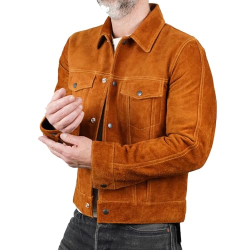 Mens Trucker Suede Leather Jacket - Western Style Cowboy Leather Jacket Camel/Brown2