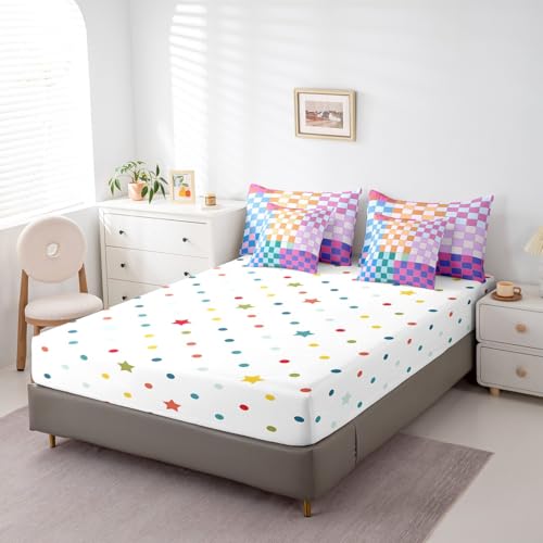 Image of Erosebridal Colorful Checkered Full Comforter Set with Sheets 7 Pcs Rainbow Checkerboard Grid Bedding Set Blue Pink Purple Plaid Bed in A Bag for Kids Boys Girls,Geometric Groovy Aesthetic Bed Set