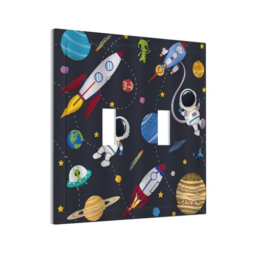 Wpshijia WPSHIJIA0713 Rocket Planets Astronaut Blue Decorative 2 Gang Light Switch Plate Cover Double Toggle Wall Plate Decorative Switchplate Electrical Faceplate For Nursery Kidsroom Bedroom Decor cover