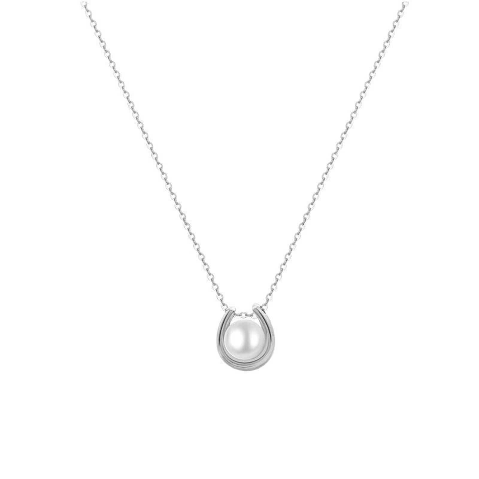 Perlen Halskette Damen, Halskette Anhänger Kette Echtschmuck 9K/14K/18K Weißgold U-Förmige Perlen 40+5cm Lang