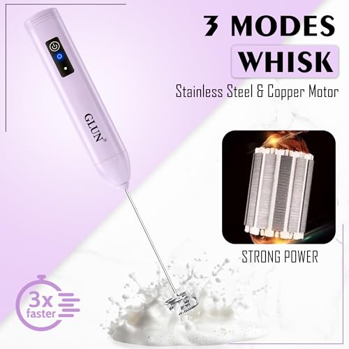 Image of GLUN Portable Coffee Frother Vibe Lavender Colour 1 Piece, Type-C Port Rechargeable Handheld Milk Frother with 2-Layer Detachable Steel Whisk, Fast Foam Maker for Latte, Cappuccino & Coffee