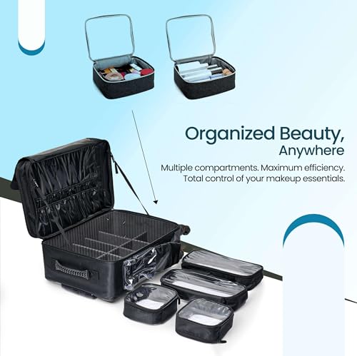 Image of SHAMAX Professional Makeup Artist Trolley | Large Rolling Cosmetic Case with 360 Wheels, Adjustable Dividers & Removable Bags | Salon, Hairstylist & MUA Travel Organizer (55Hx36.5Lx25W cm)
