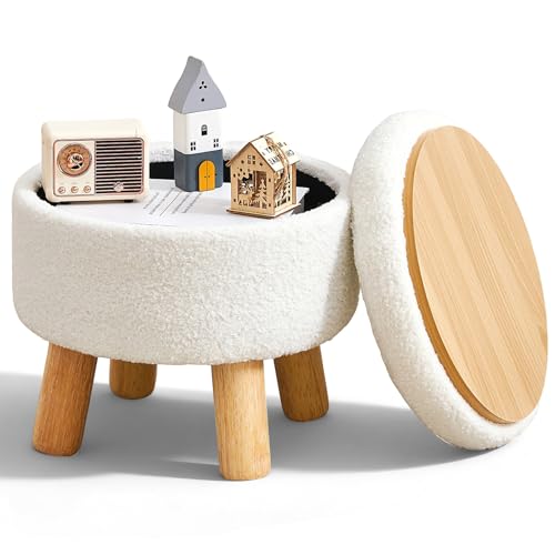 FIMIVIBI Small Ottoman with Storage, Small Storage Ottoman Round, Sherpa Foot Stool with Legs, Ottomans and Footstools for Living Room and Entryway (White)