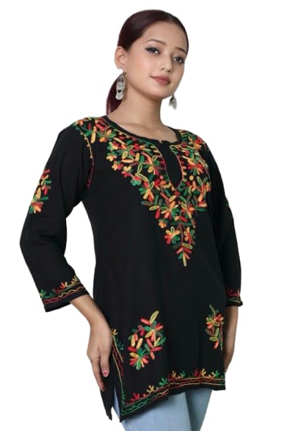 AREEBA Short Kurti for Women| Rayon Cotton Embroiderd Kurta | Hand Embroidered Black Lucknowi Chikankari Short Kurti Dress Tunic Top for Women-image-35