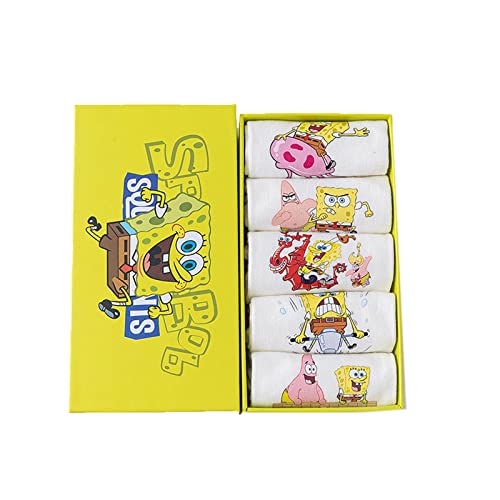 wopin 5 Paires Bob l'éponge Chaussettes, Bob l'éponge Coton Cheville Chaussette,Chaussettes Mignonnes Socquettes Doux(Convient aux 13-18 ans) Cover