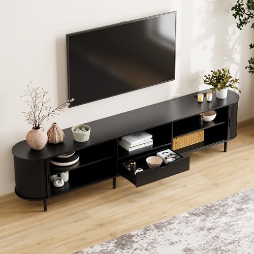 Image of DHH 95.2 inch Fluted TV Stand with Power Outlet for TVs up to 100 inch, TV Console with Adjustable Shelves and Sliding Door,Mid Century Modern Entertainment Center for Living Room,Bedroom (Black)