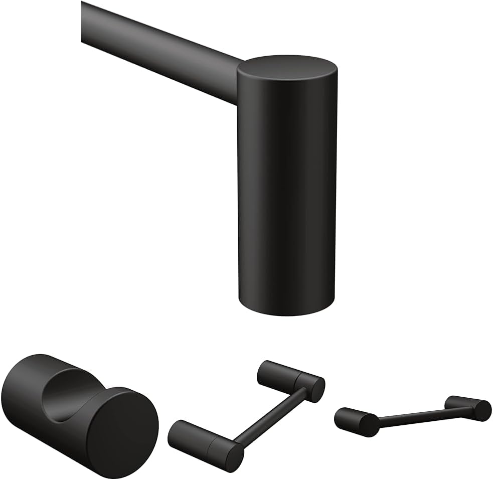 Moen Align Matte Black Accessories Bundle Featuring Modern 18inch Bathroom Towel Bar, Robe Hook, Wall Mounted Double Post Pivoting Toilet Paper Holder, and 9inch Hand-Towel Bar