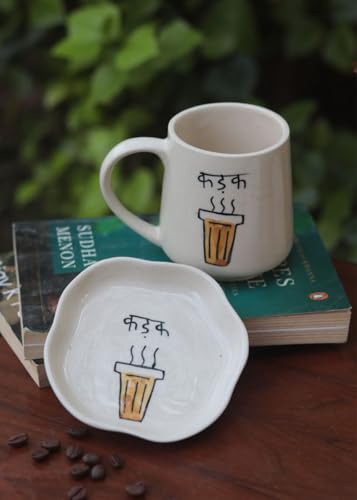 Image of WEAVING HOMES Handcrafted Ceramic Mug 300ml & Dessert Plate (Set of 2, Multicolor) - Coffee Mugs and Dessert Plates for Birthday Gifts, Mugs for Office and Travel