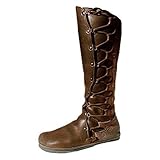 mittelalter stiefel  Mxssi Damen PU-Lederstiefel Niet Schnüren Lange Stiefel Retro Mittelalter Gotisch Hohe Stiefel Runder Zeh Flacher Absatz Mittele Stiefel rutschfest Freizeitstiefel