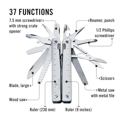 Image of Victorinox Swiss Tool X Plus Ratchet, 35 Function Multi-Tool - Silverr | Swiss made pocket tool with needle-nose pliers, wire cutter, crate opener, metal saw, and bit wrench in a leather pouch
