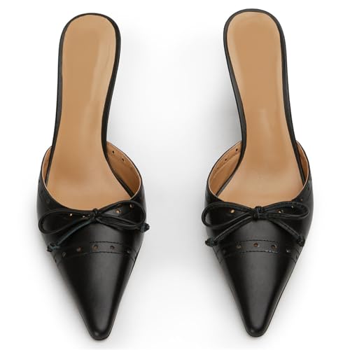 Heeled Mules for Women Bow Tie Pointed Toe Pumps Slip On Dress Heels2