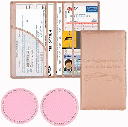 Auto Rover Car Registration and Insurance Documents Holder pu leather +2 Pack Car Cup Holder Insert Coaster (pink+ 2 Cup Coaster)