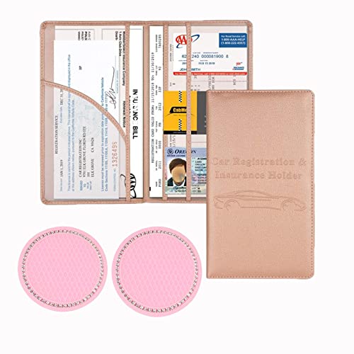 Auto Rover Car Registration And Insurance Documents Holder Pu Leather +2 Pack Car Cup Holder Insert Coaster (Pink+ 2 Cup Coaster) #TOP2