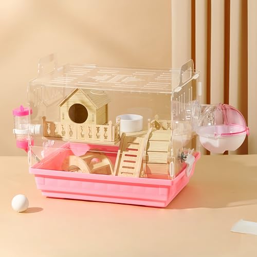 ゴールデンハムスター ケージ 透明 クリアケージ クリアゲージ ハムスターゲージ小 モルモット アクリル 飼育箱 設備の整いました ギフトに最適 (ピンク, 木造住宅+アーチ橋)