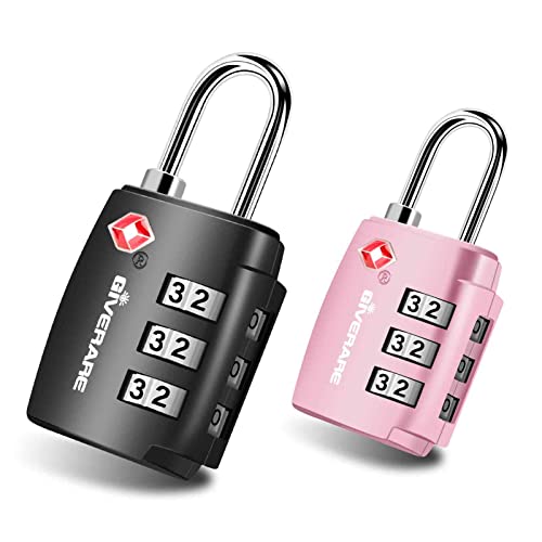 2 Pack TSA Approved Travel Luggage Locks, Combination Lock Alloy Body, Keyless 3-Digit Padlocks, Travel Sentry Accepted Compatible Padlock for Gym Locker, Golf Bag Case, Backpack, Black-by GIVERARE