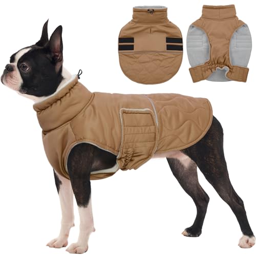 FUAMEY Winter Warm Coat, Fleece Turtleneck Jacket, Thick Waterproof Windproof Cold Weather Snowsuit Vest for Small Medium Large Dogs Pet Clothes X-Small Khaki