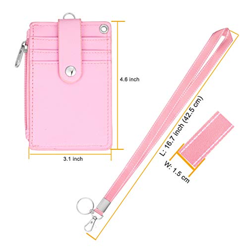 Image of ID Badge Holder with Lanyard,2 Sided 5 Card Slots ID Card Holder Wallet with PU Leather Zipper Pocket and Detachable Keychain Lanyard for Teens Women(Pink)