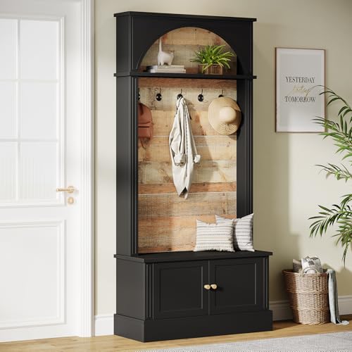 Image of Tribesigns 70.86 inch Hall Tree with Storage Bench, 4-in-1 Design Entryway Bench with Coat Rack, Farmhouse Hall Tree with 5 Hooks and Adjustable Shoe Storage for Entryway, Hallway(Black+Brown)