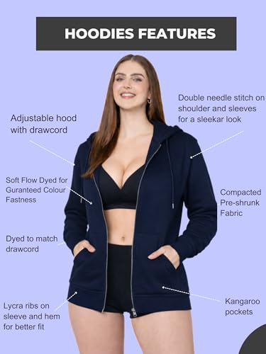 Image of Women's Solid Zipper Hooded Sweatshirt | Front Zip, Ribbed Hem, Lined Hood, Casual Winter Wear Jacket, Pure Cotton Hoodies Soft, Lightweight, Warm & Stylish Kangaroo Pocket