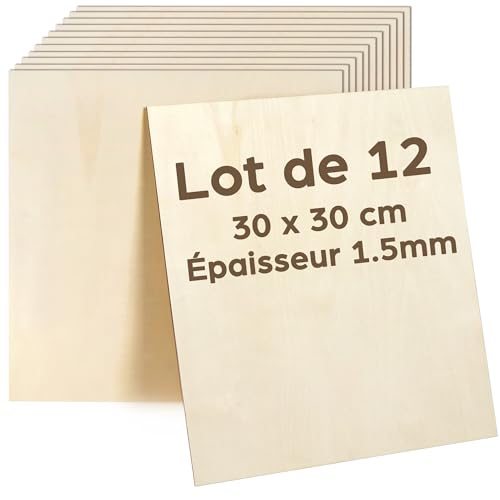 LotFancy Lot de 12 plaques de contreplaqué 1,5 mm Tilleul, 30 x 30 cm, en bois fin, pour le bricolage, le travail laser, l'artisanat, le kit de construction...